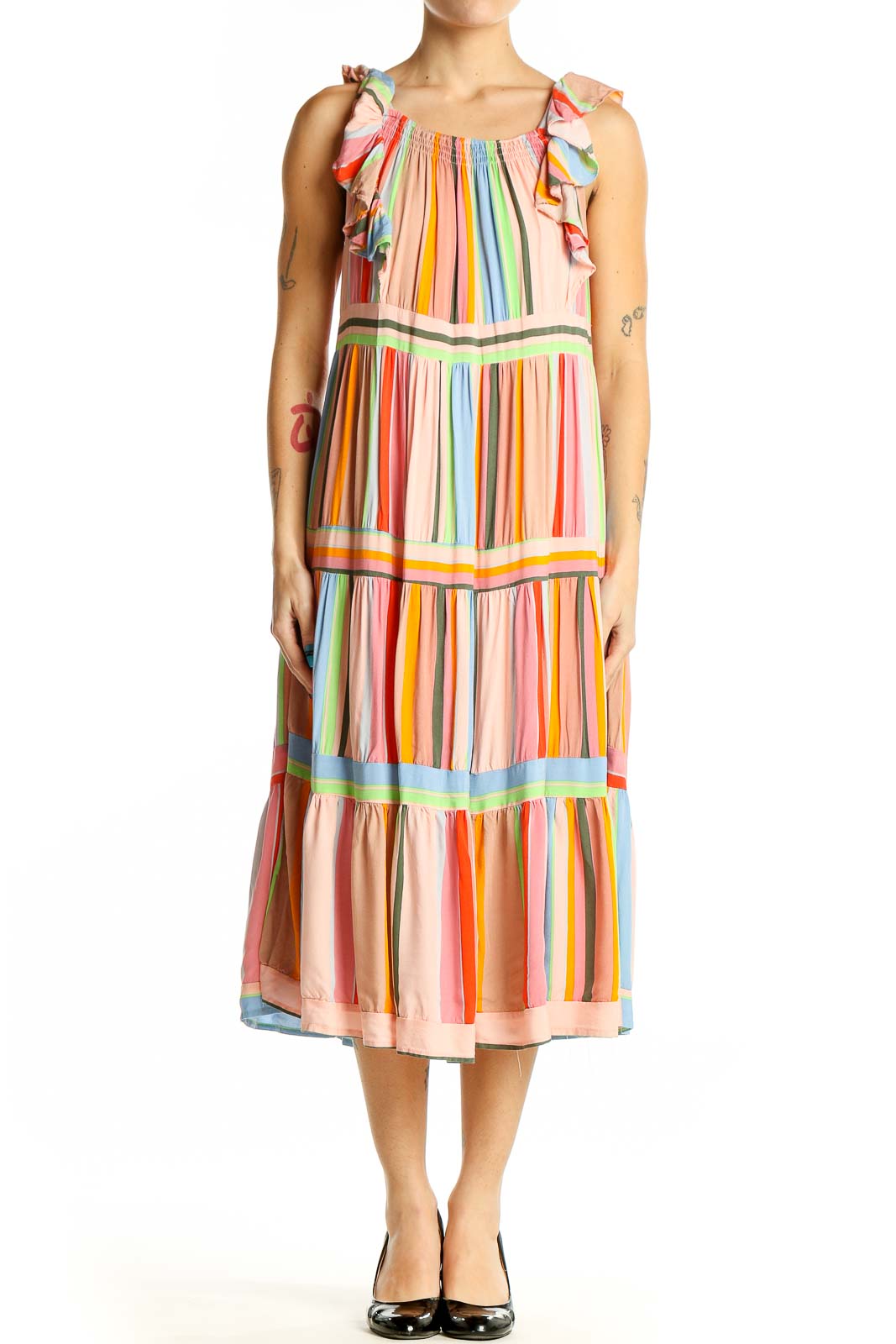 Front view of Entro multicolor striped tiered midi dress with ruffled straps