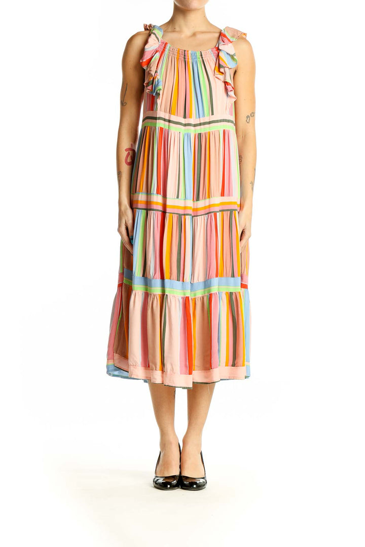 Front view of Entro multicolor striped tiered midi dress with ruffled straps