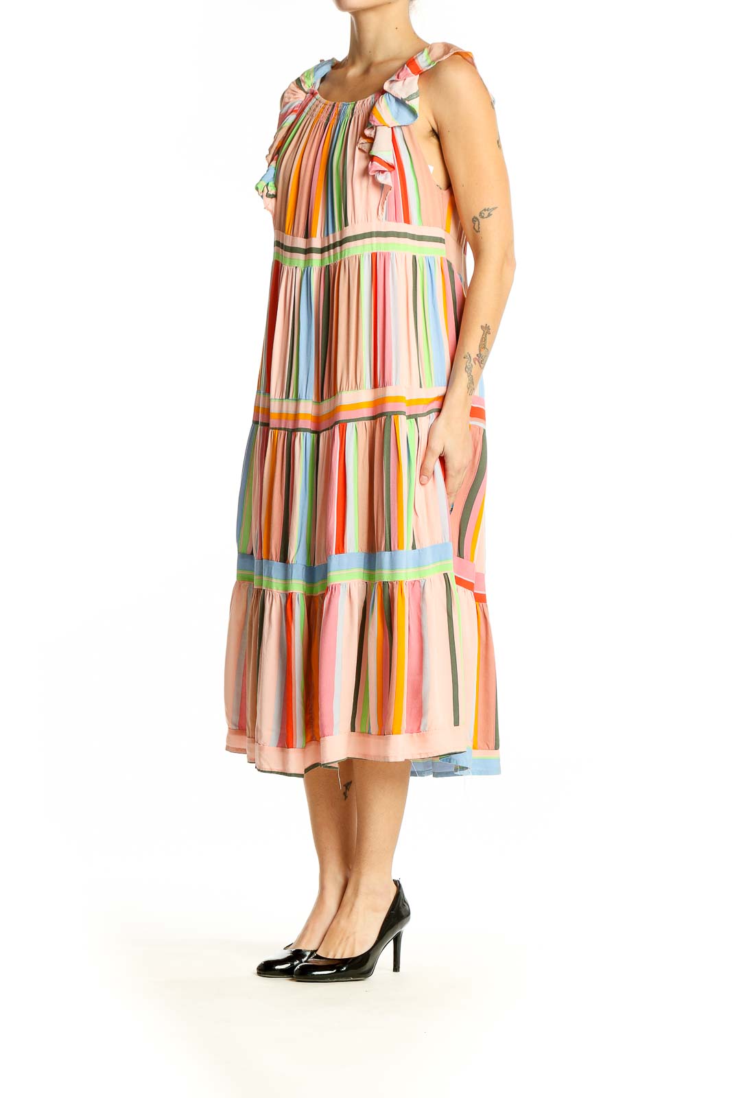 Front view of Entro multicolor striped tiered midi dress with ruffled straps