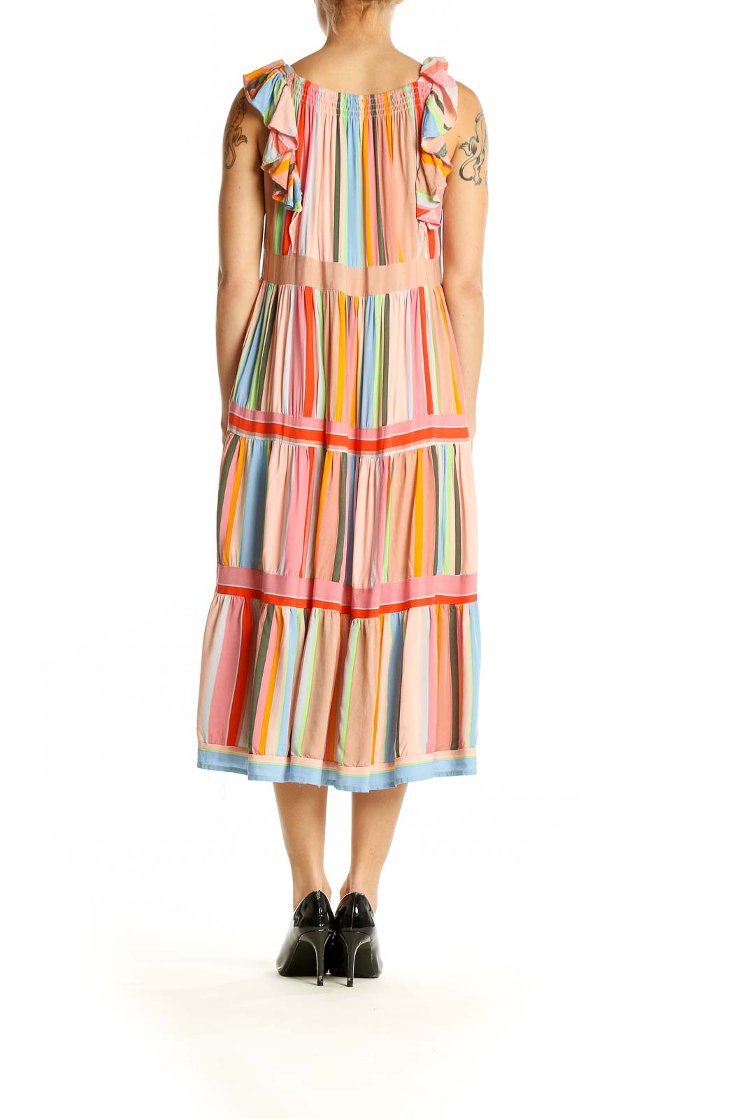 Side view of Entro multicolor striped tiered midi dress showing flowy silhouette