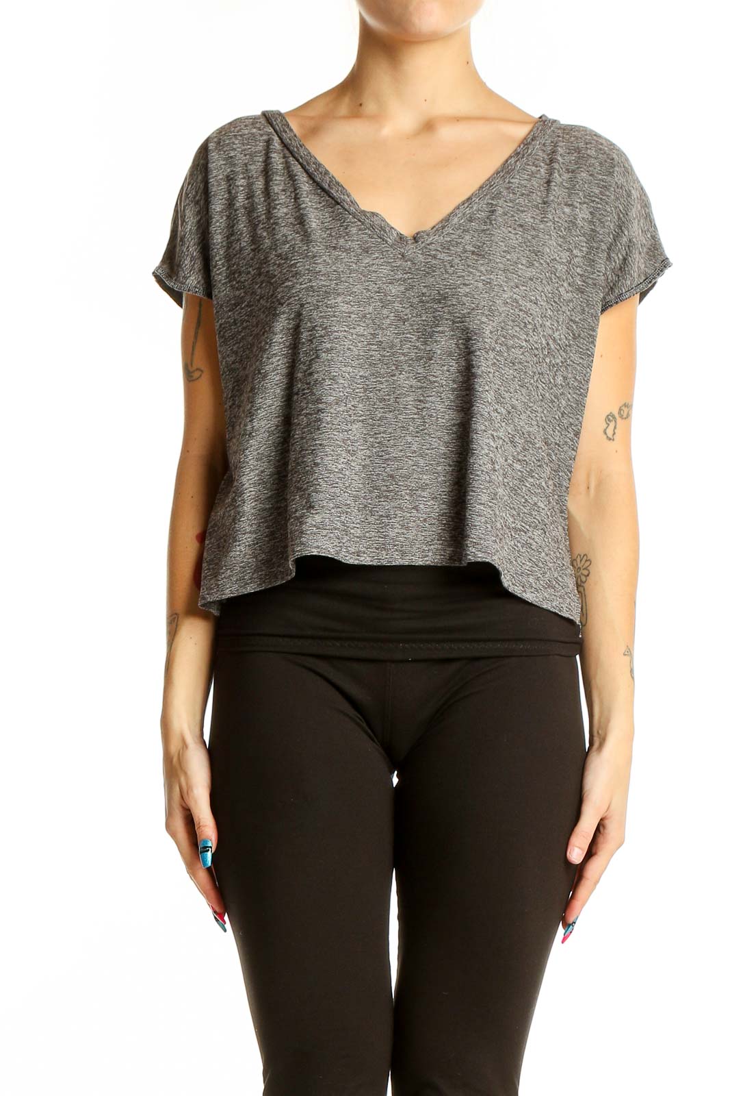 Front view of Beyond Yoga gray V-neck cropped athletic top