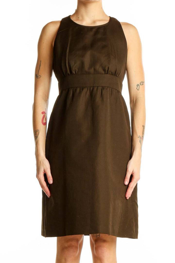 Front view of J.Crew brown cotton sleeveless dress with empire waist