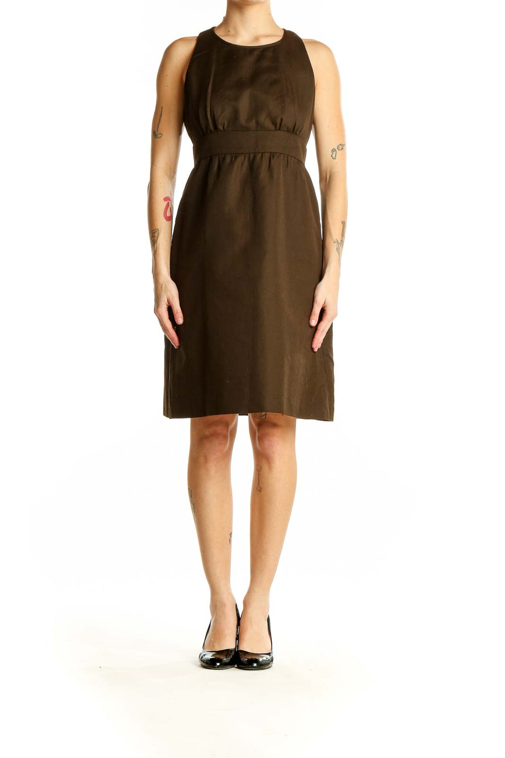 Front view of J.Crew brown cotton sleeveless dress with empire waist