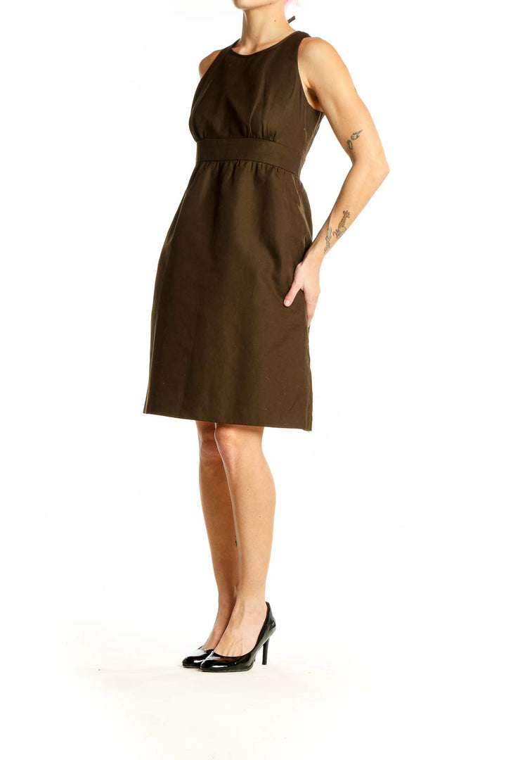 Front view of J.Crew brown cotton sleeveless dress with empire waist