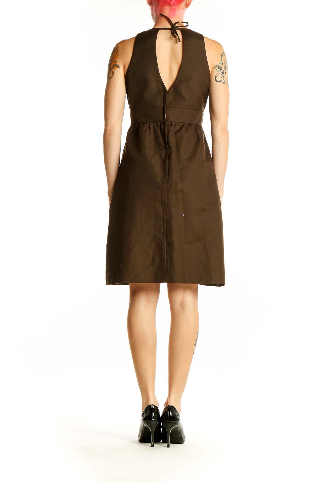 Side view of J.Crew brown cotton sleeveless dress showing empire waist detail