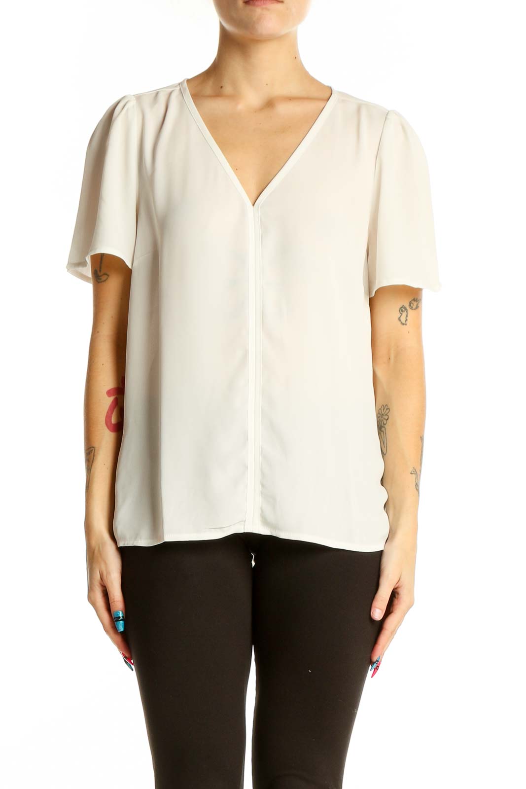 Front view of J.Crew white V-neck blouse with flutter sleeves