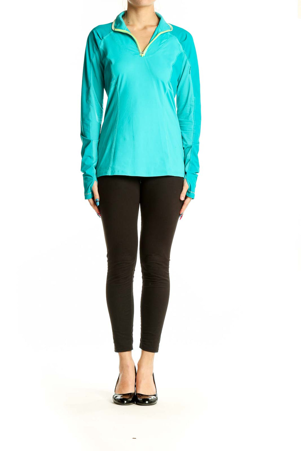 Front view of teal Lululemon quarter-zip athletic top