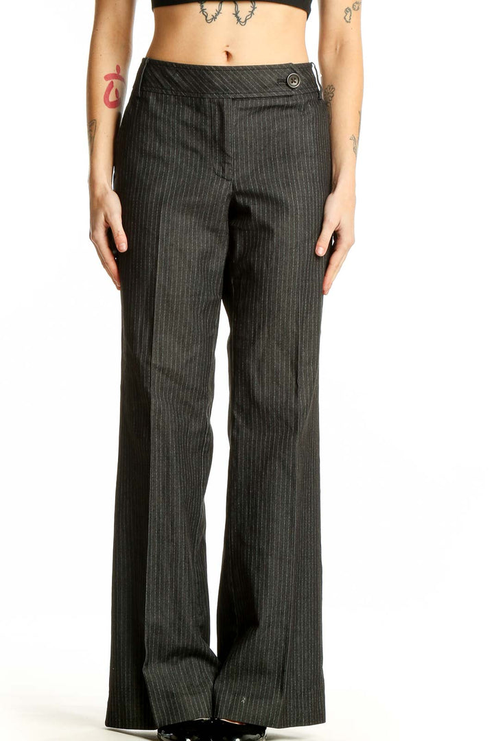 Front view of Ann Taylor LOFT gray pinstriped wide-leg trousers