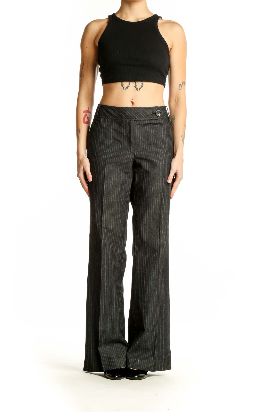 Front view of Ann Taylor LOFT gray pinstriped wide-leg trousers