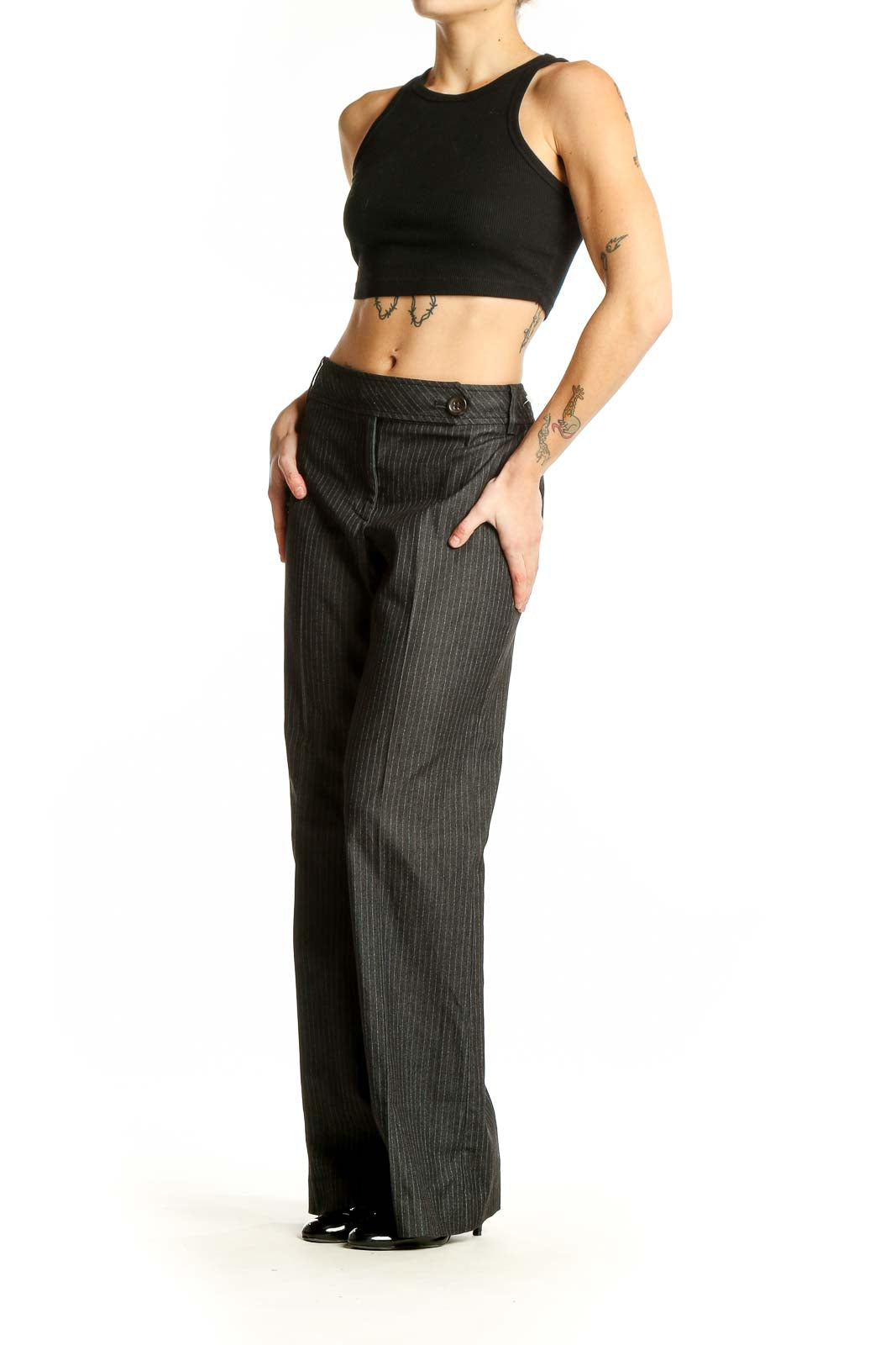 Front view of Ann Taylor LOFT gray pinstriped wide-leg trousers