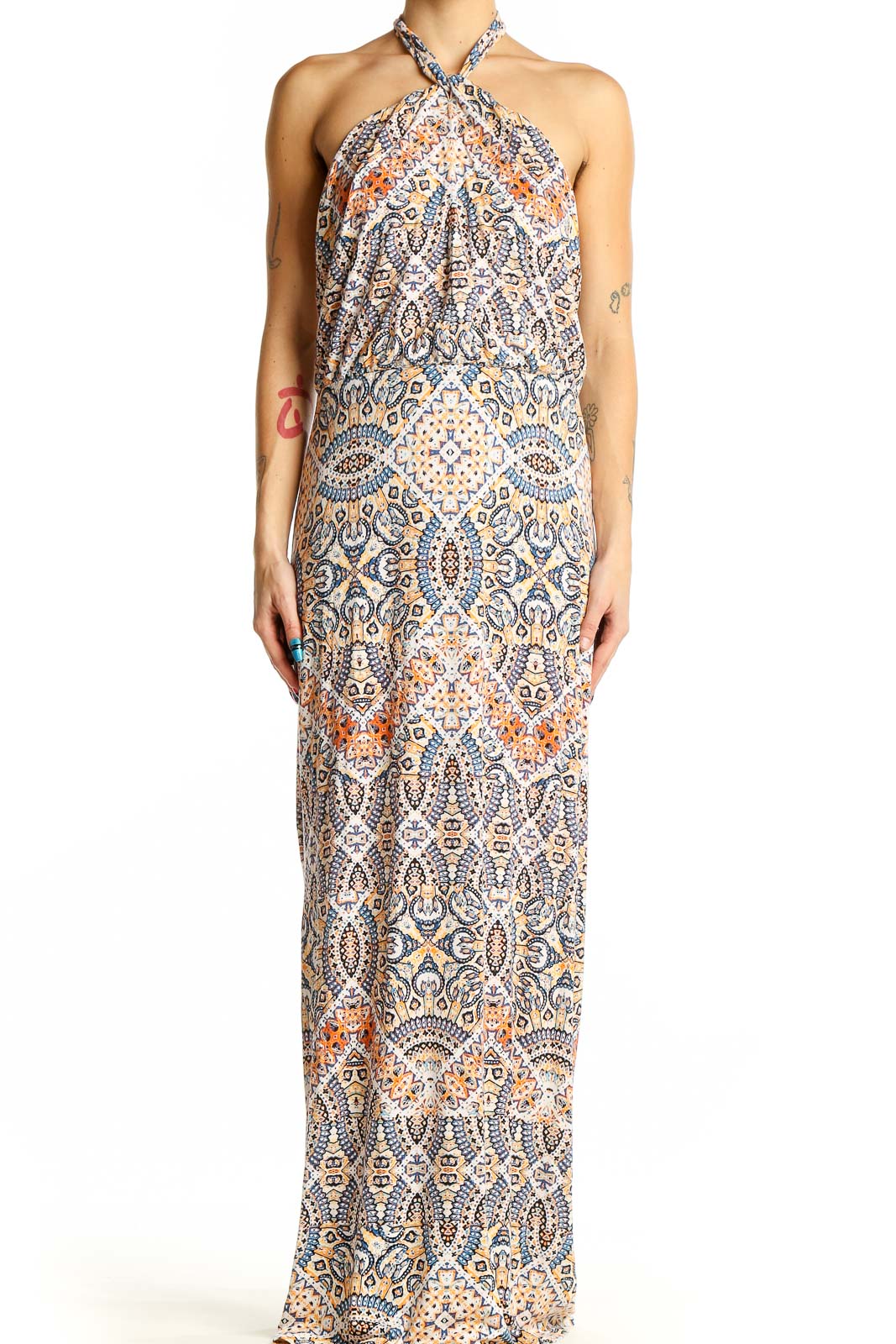 Front view of Cynthia Rowley blue paisley halter maxi dress