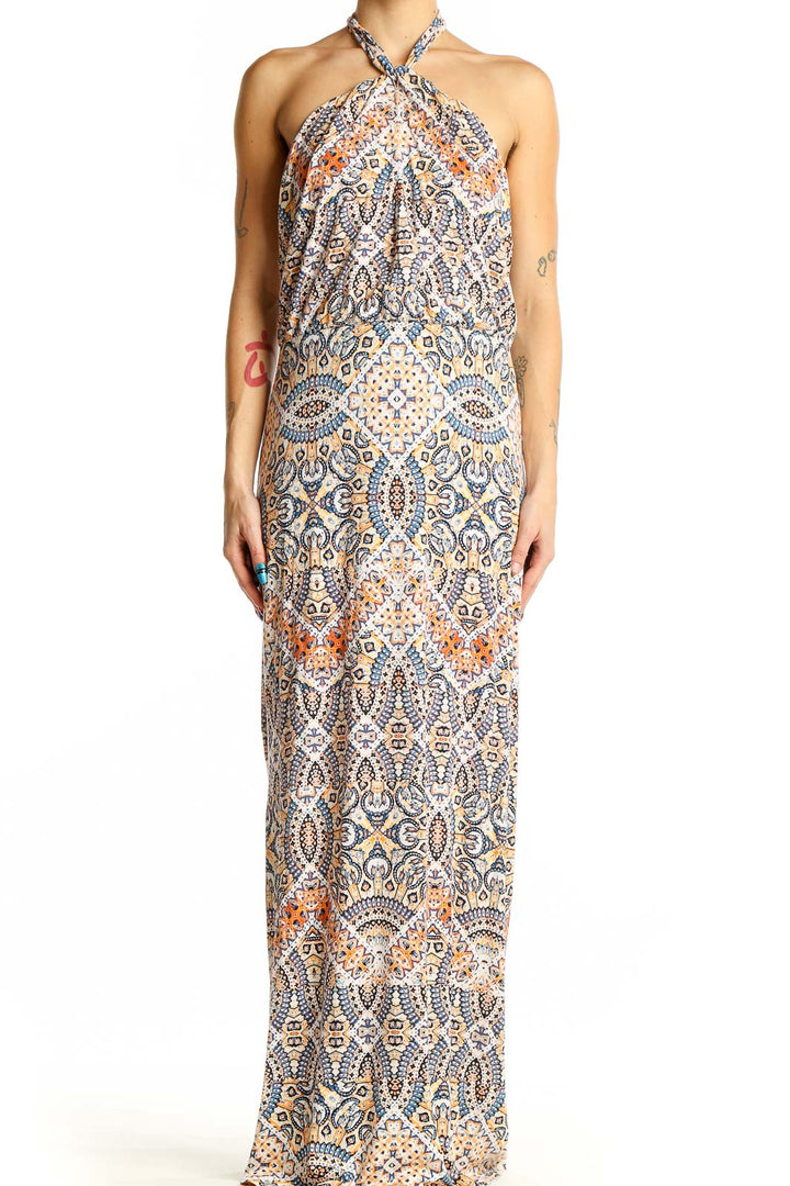 Front view of Cynthia Rowley blue paisley halter maxi dress