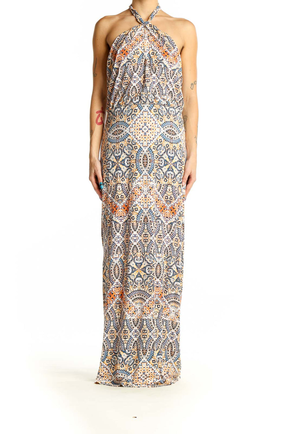 Front view of Cynthia Rowley blue paisley halter maxi dress