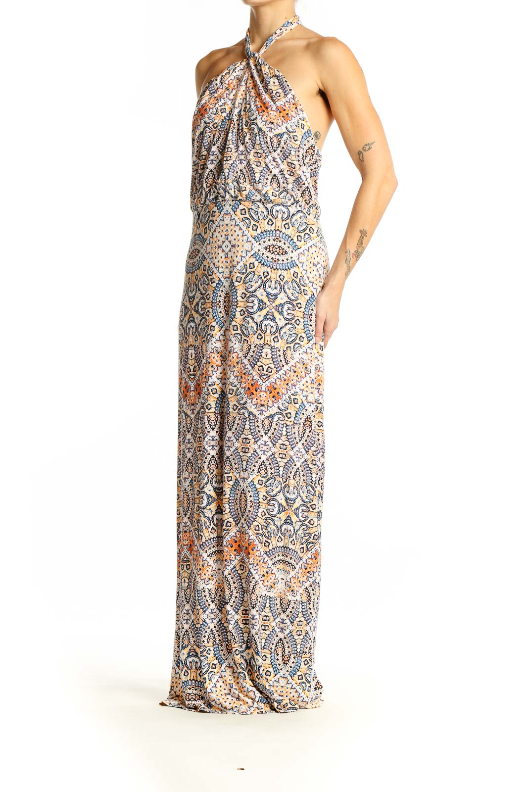 Front view of Cynthia Rowley blue paisley halter maxi dress