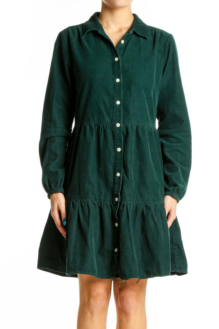 Front view of forest green J.Crew tiered cotton shirt dress