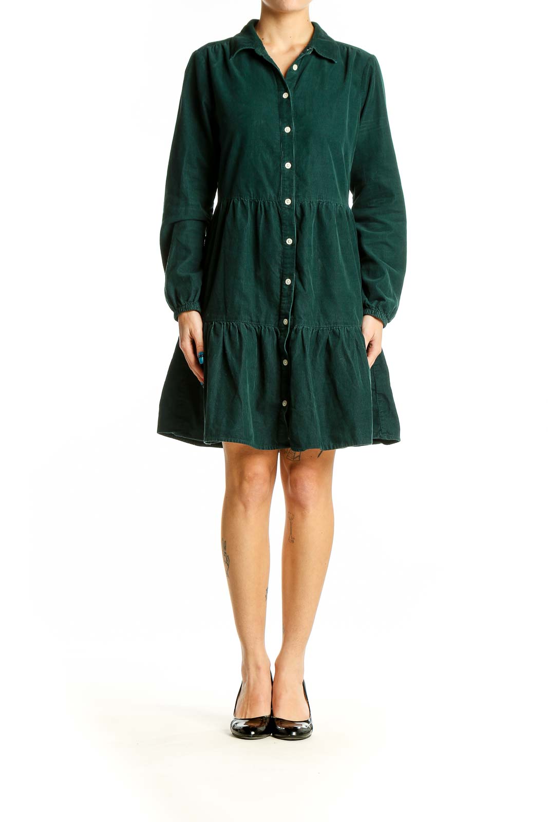 Front view of forest green J.Crew tiered cotton shirt dress