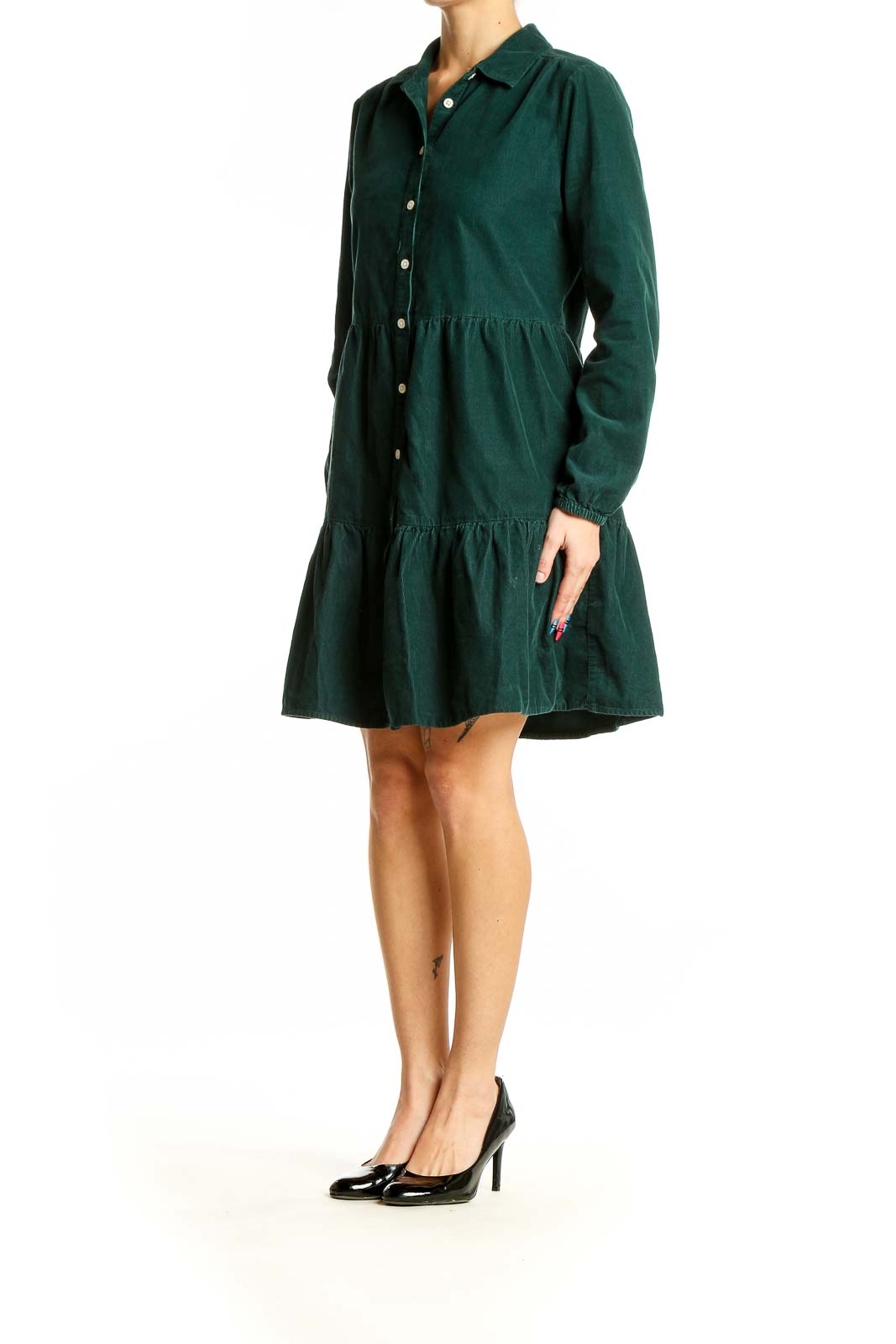 Front view of forest green J.Crew tiered cotton shirt dress