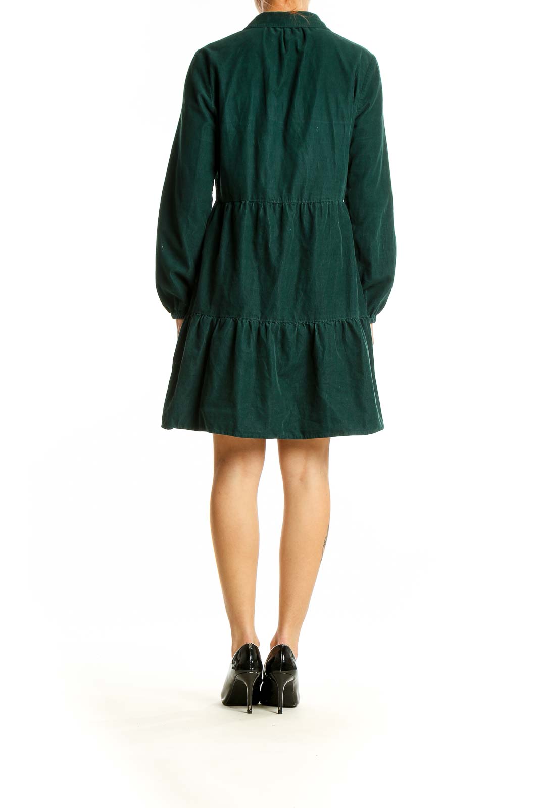 Back view of forest green J.Crew tiered cotton shirt dress