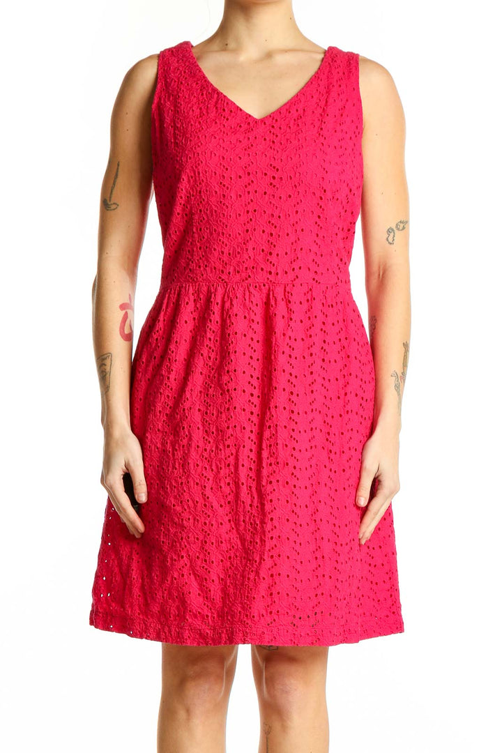 Front view of L.L.Bean red cotton eyelet sleeveless dress