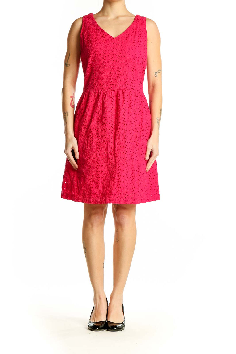 Front view of L.L.Bean red cotton eyelet sleeveless dress