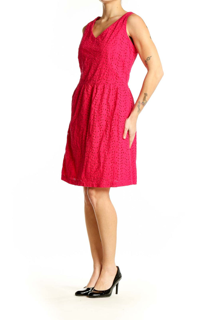 Front view of L.L.Bean red cotton eyelet sleeveless dress