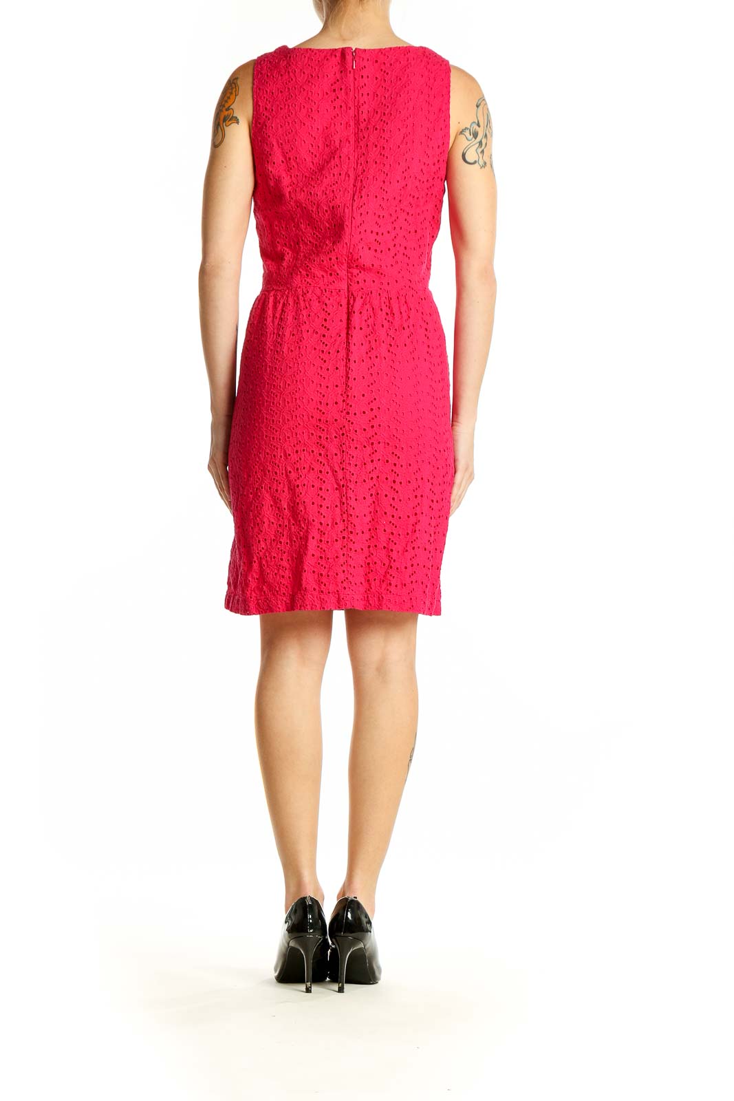 Side view of L.L.Bean red cotton eyelet sleeveless dress