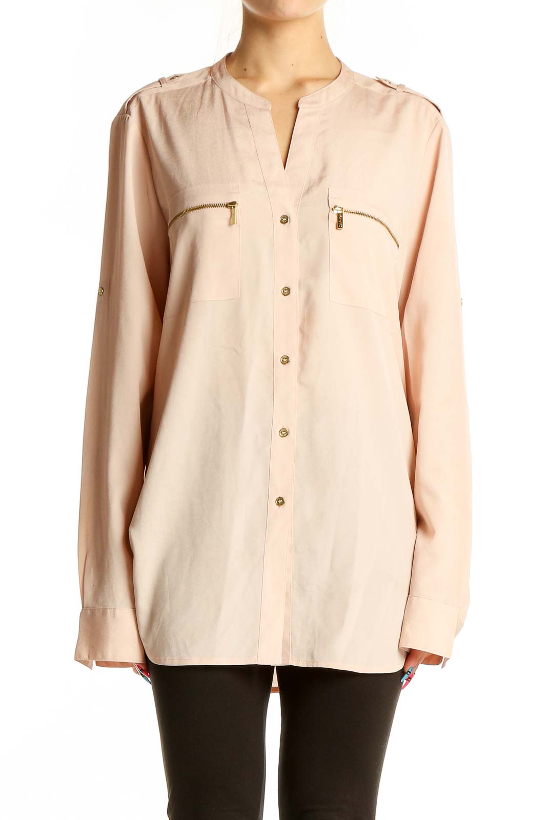 Front view of Calvin Klein blush polyester blouse with mandarin collar and zip pockets