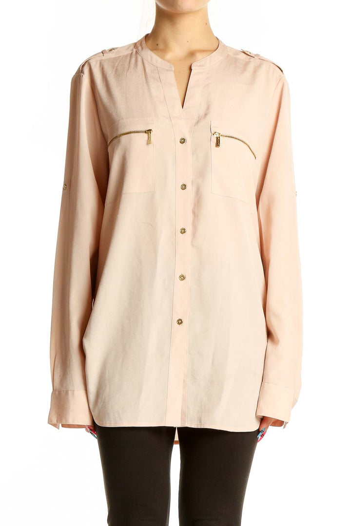 Front view of Calvin Klein blush polyester blouse with mandarin collar and zip pockets