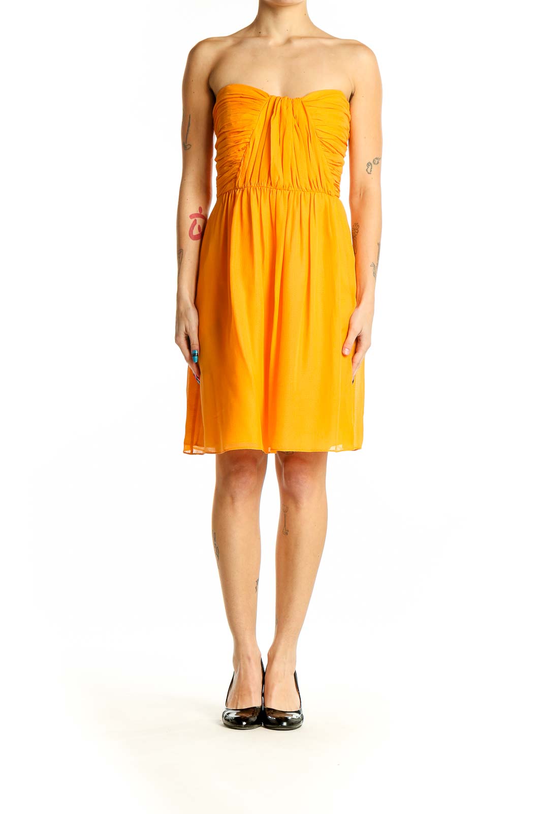 Front view of yellow strapless ruched cocktail dress by Shoshanna