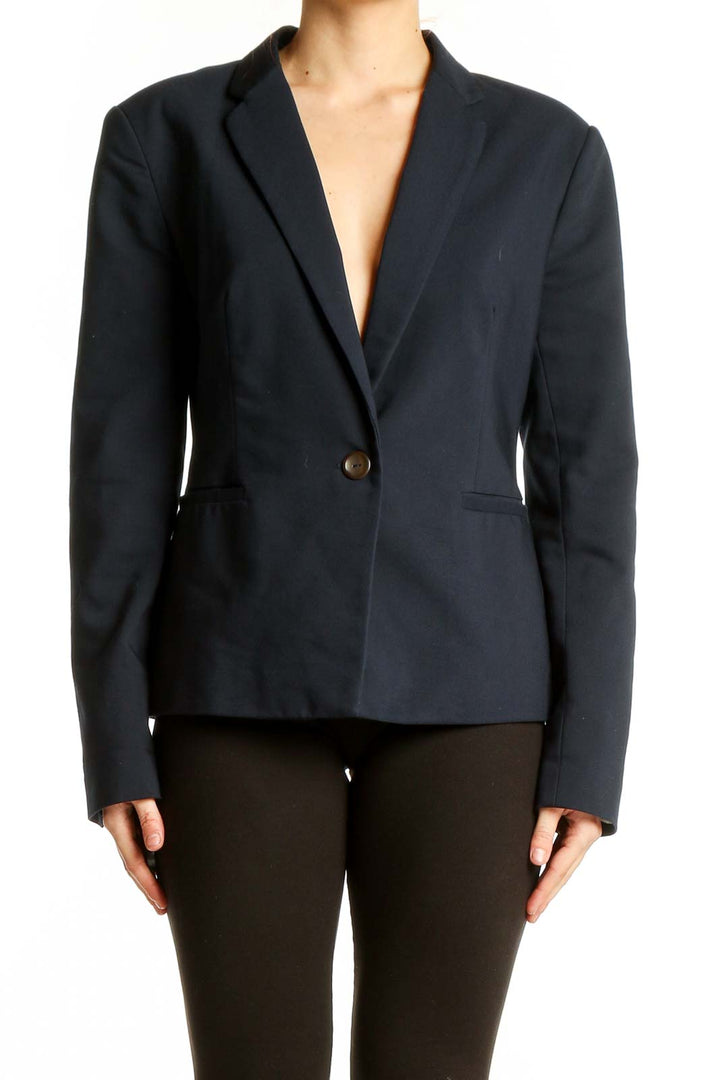 Front view of Philosophy navy single-button blazer on model