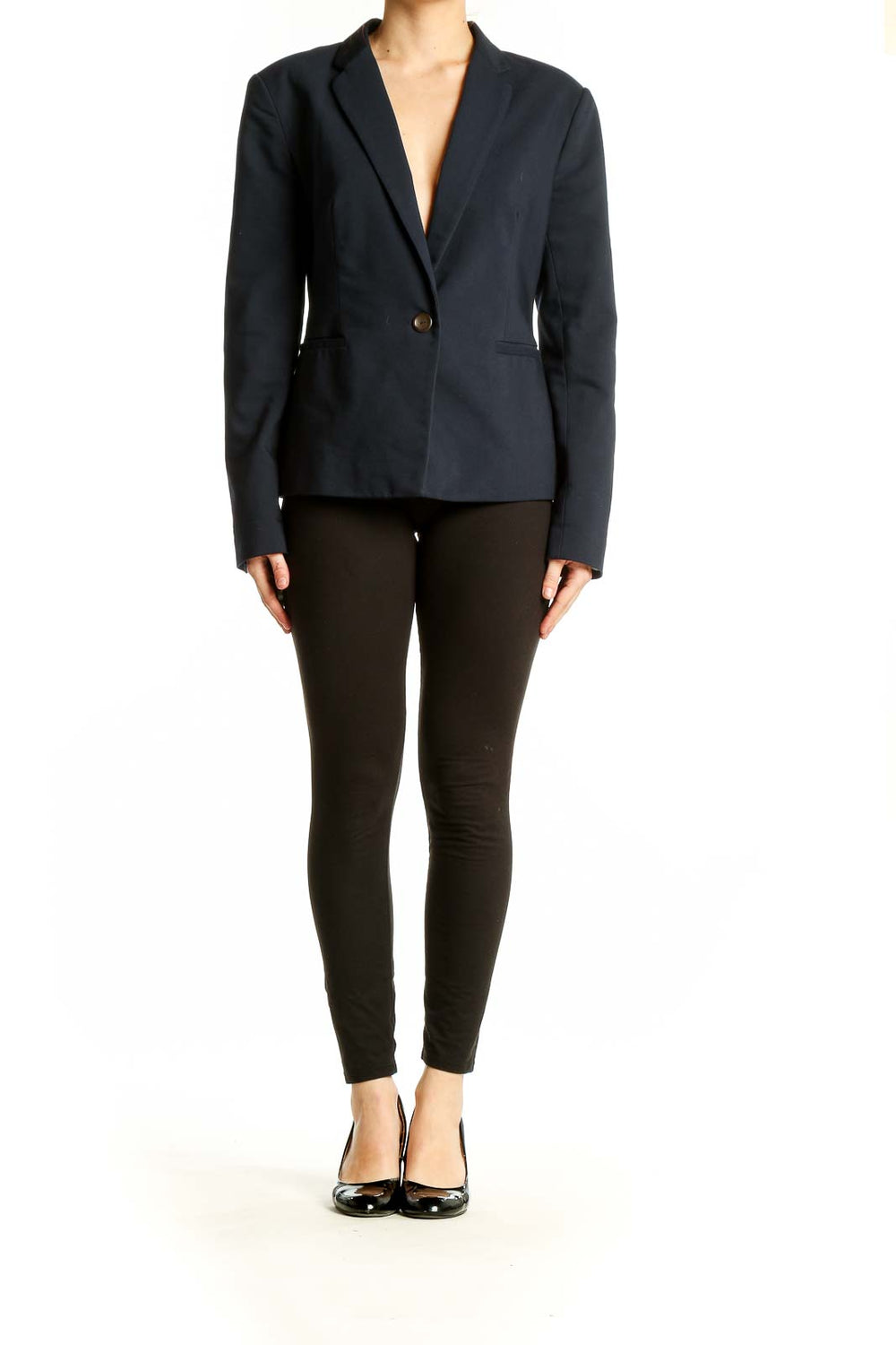 Front view of Philosophy navy single-button blazer on model