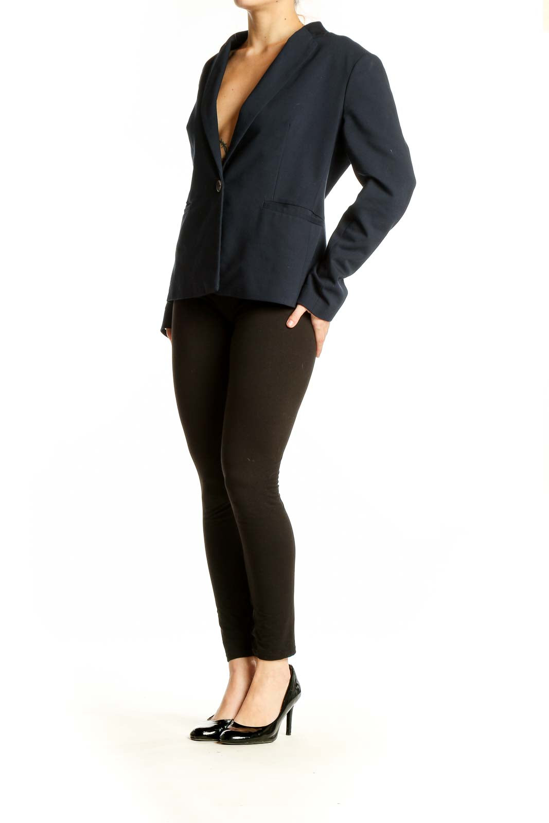 Front view of Philosophy navy single-button blazer on model