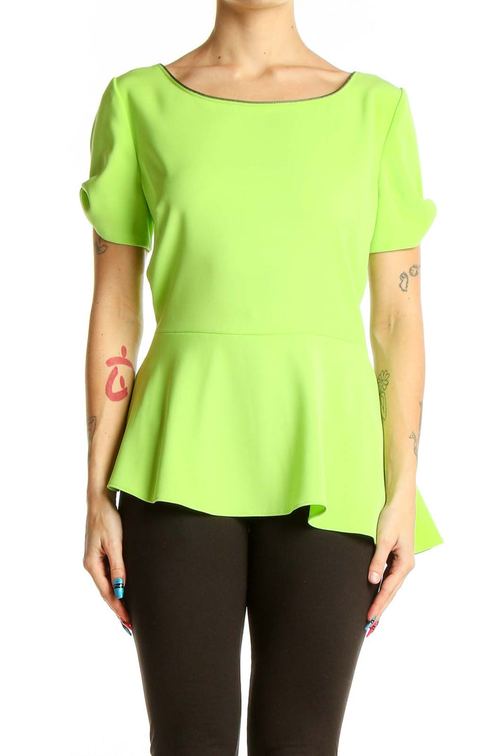 Front view of T Tahari lime green peplum short sleeve top