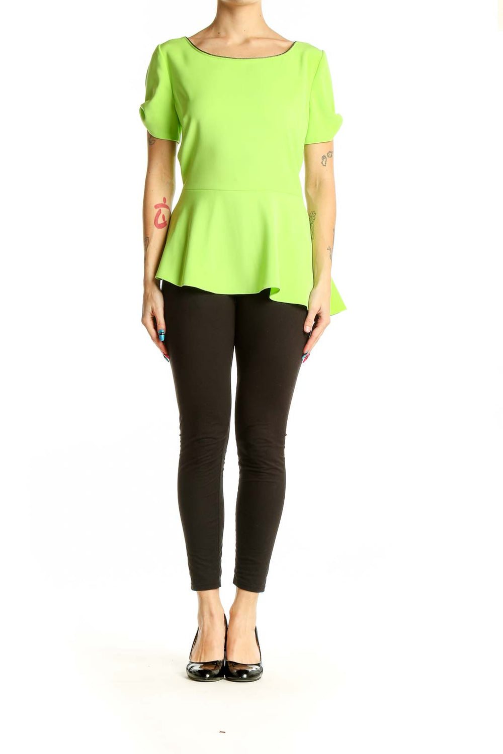 Front view of T Tahari lime green peplum short sleeve top