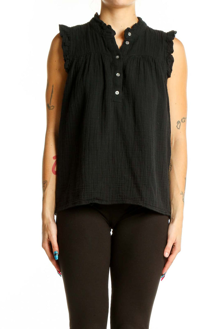 Front view of J.Crew black cotton sleeveless top with ruffle details