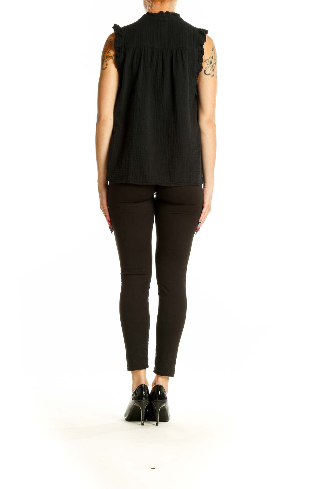 Back view of J.Crew black cotton sleeveless top showing relaxed fit