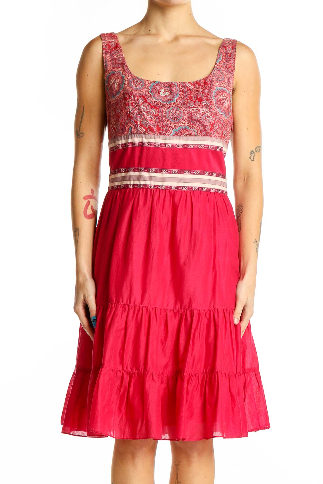 Front view of Anna Sui red paisley print cotton sundress with tiered skirt