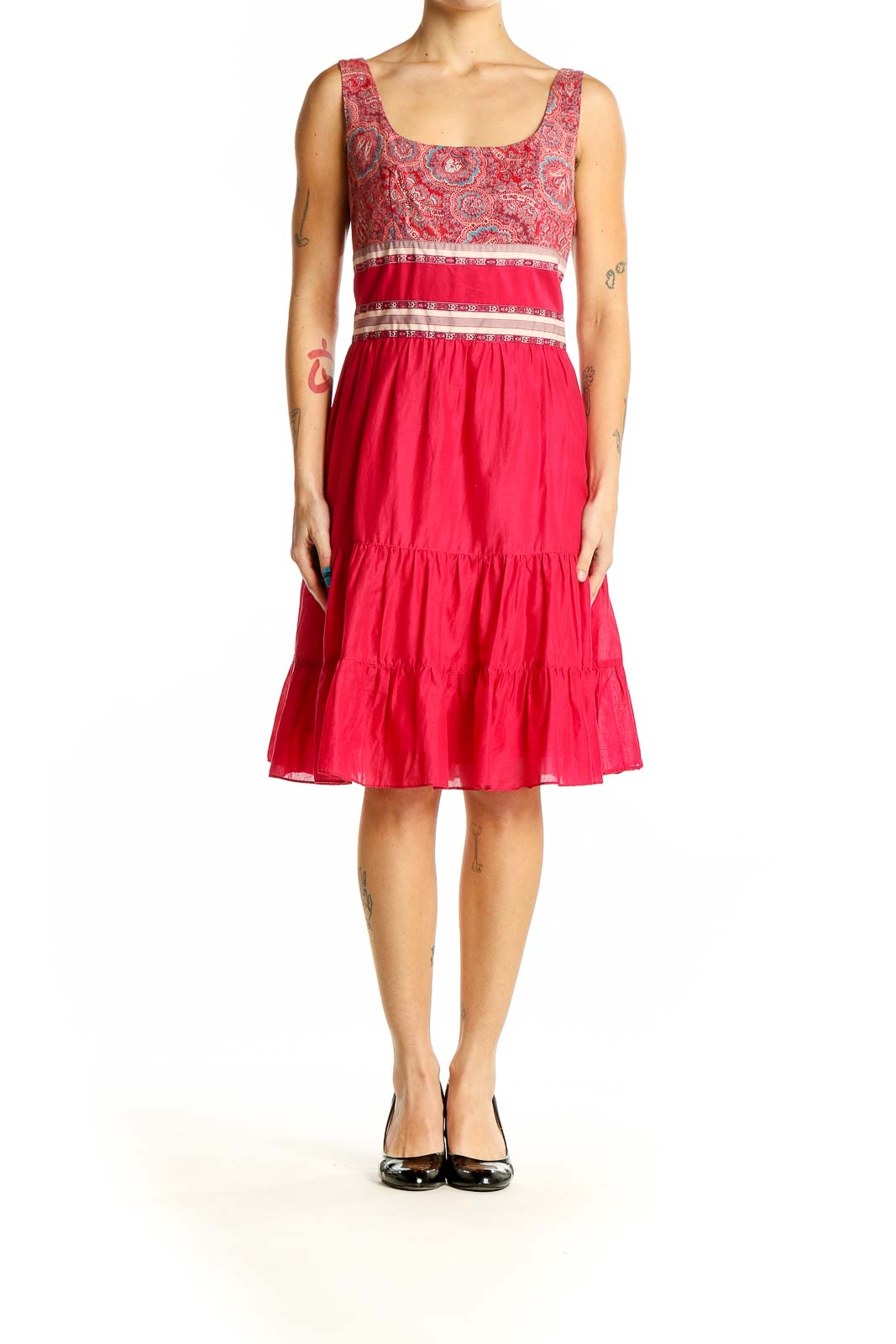 Front view of Anna Sui red paisley print cotton sundress with tiered skirt