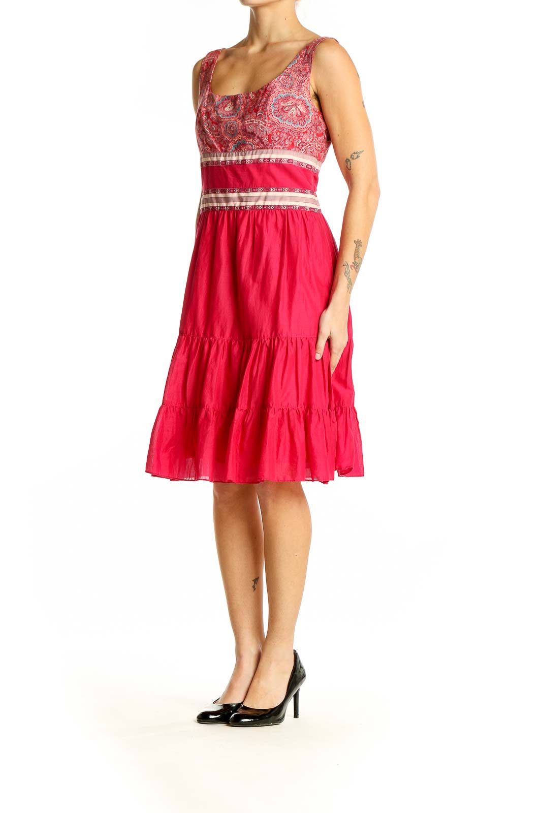 Front view of Anna Sui red paisley print cotton sundress with tiered skirt