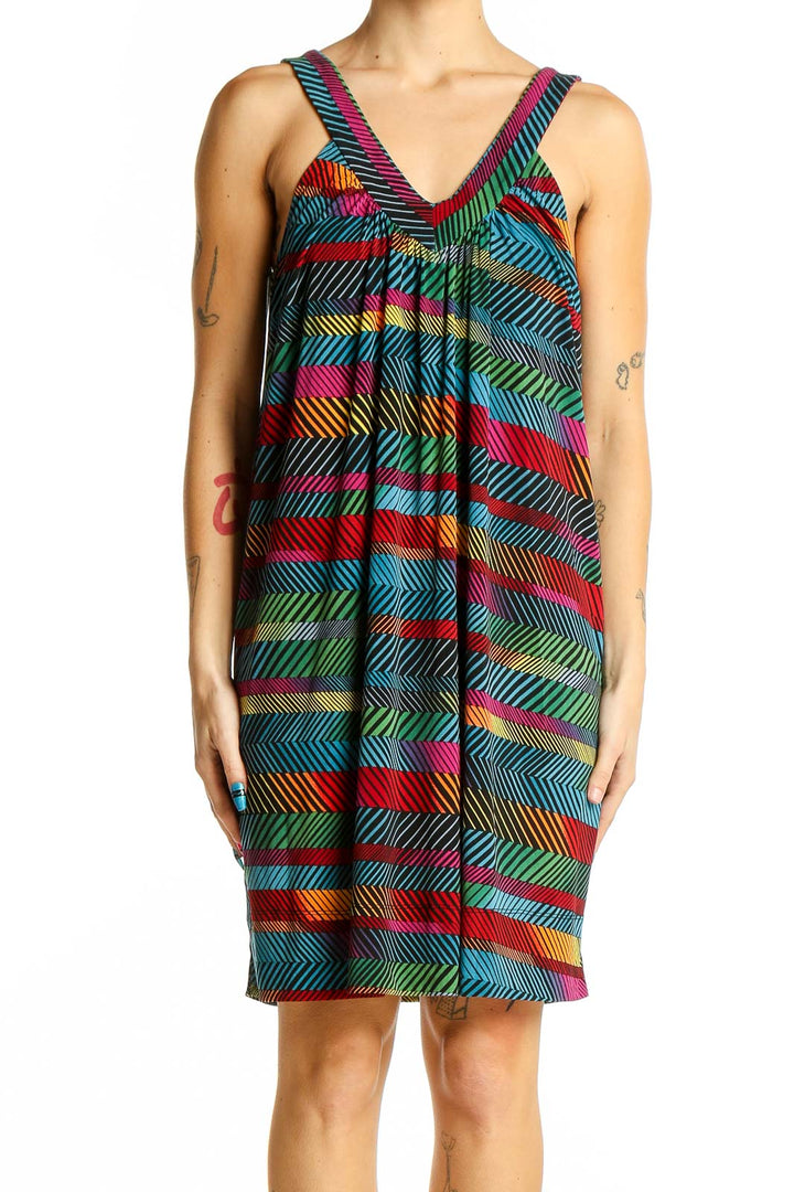 Front view of BCBG MaxAzria multicolor striped V-neck sleeveless dress