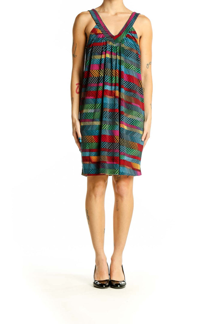 Front view of BCBG MaxAzria multicolor striped V-neck sleeveless dress