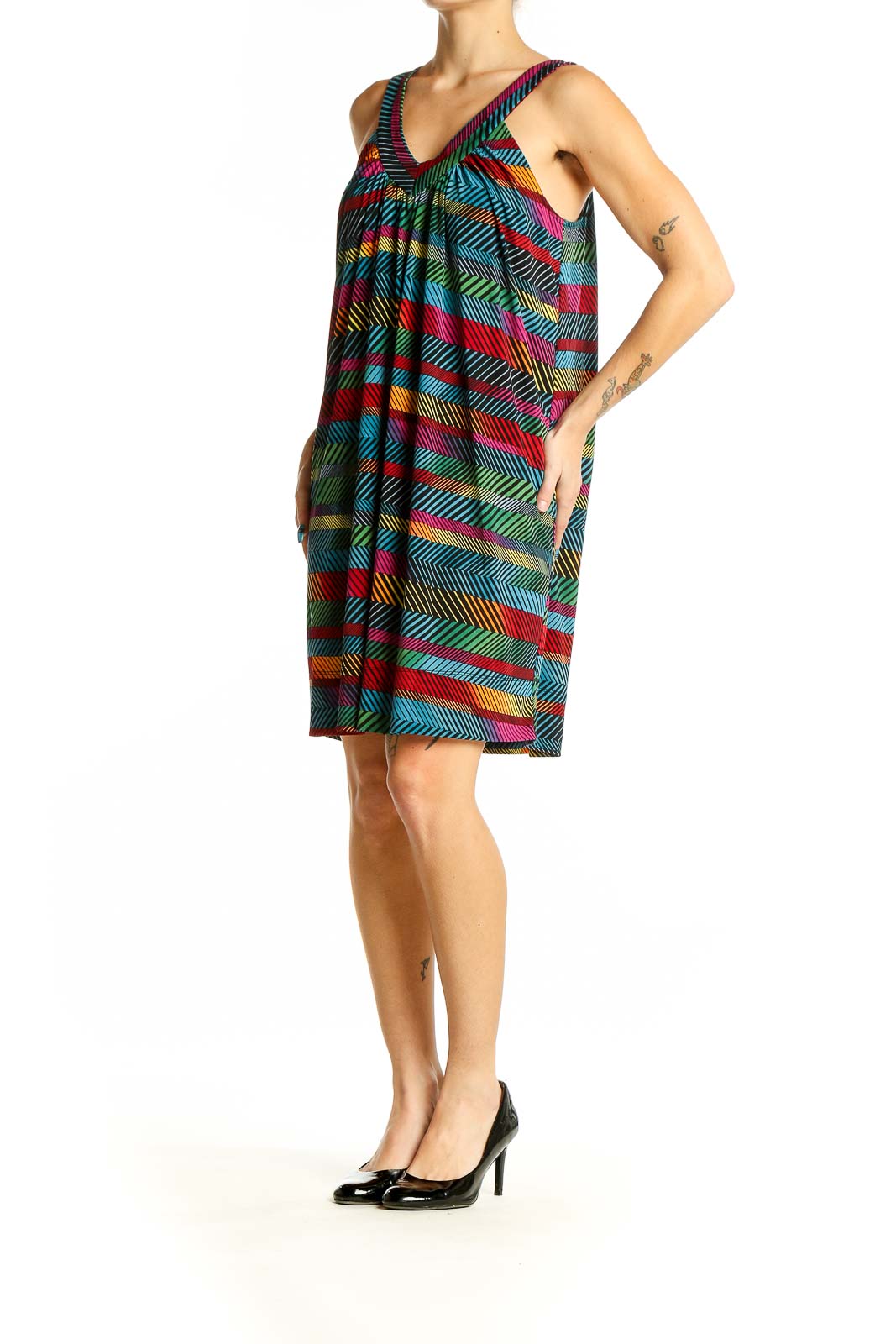 Front view of BCBG MaxAzria multicolor striped V-neck sleeveless dress