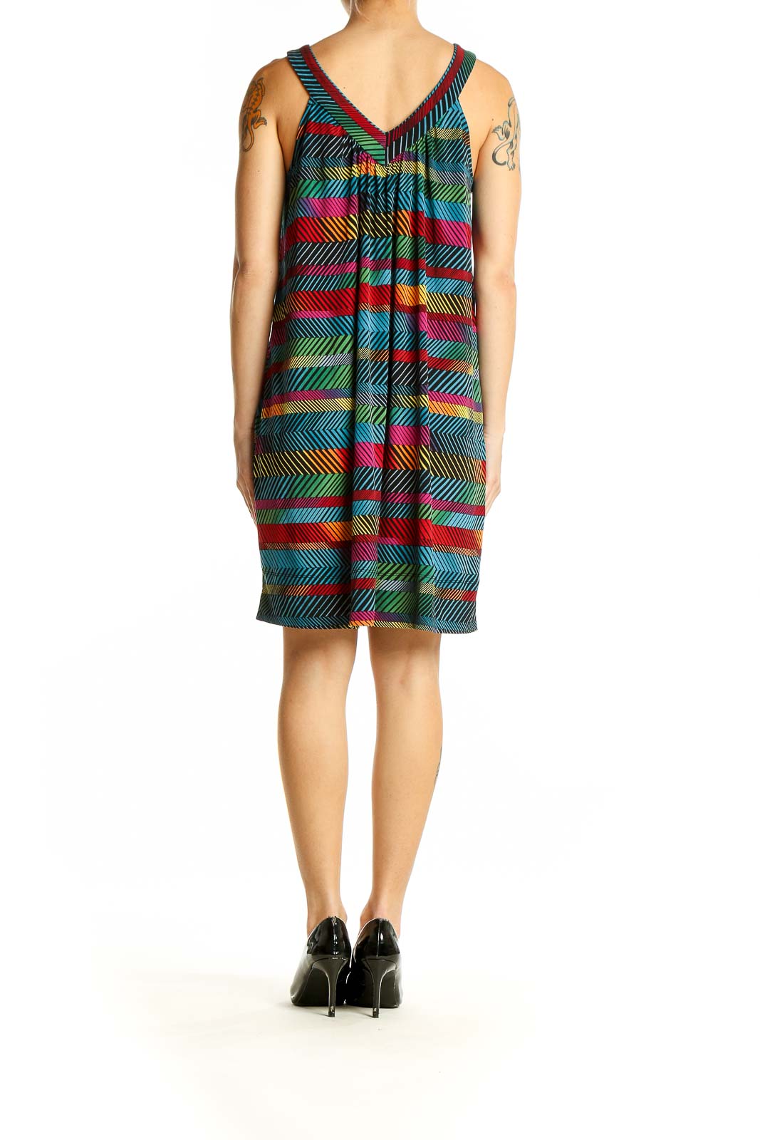 Side view of BCBG MaxAzria multicolor striped V-neck sleeveless dress