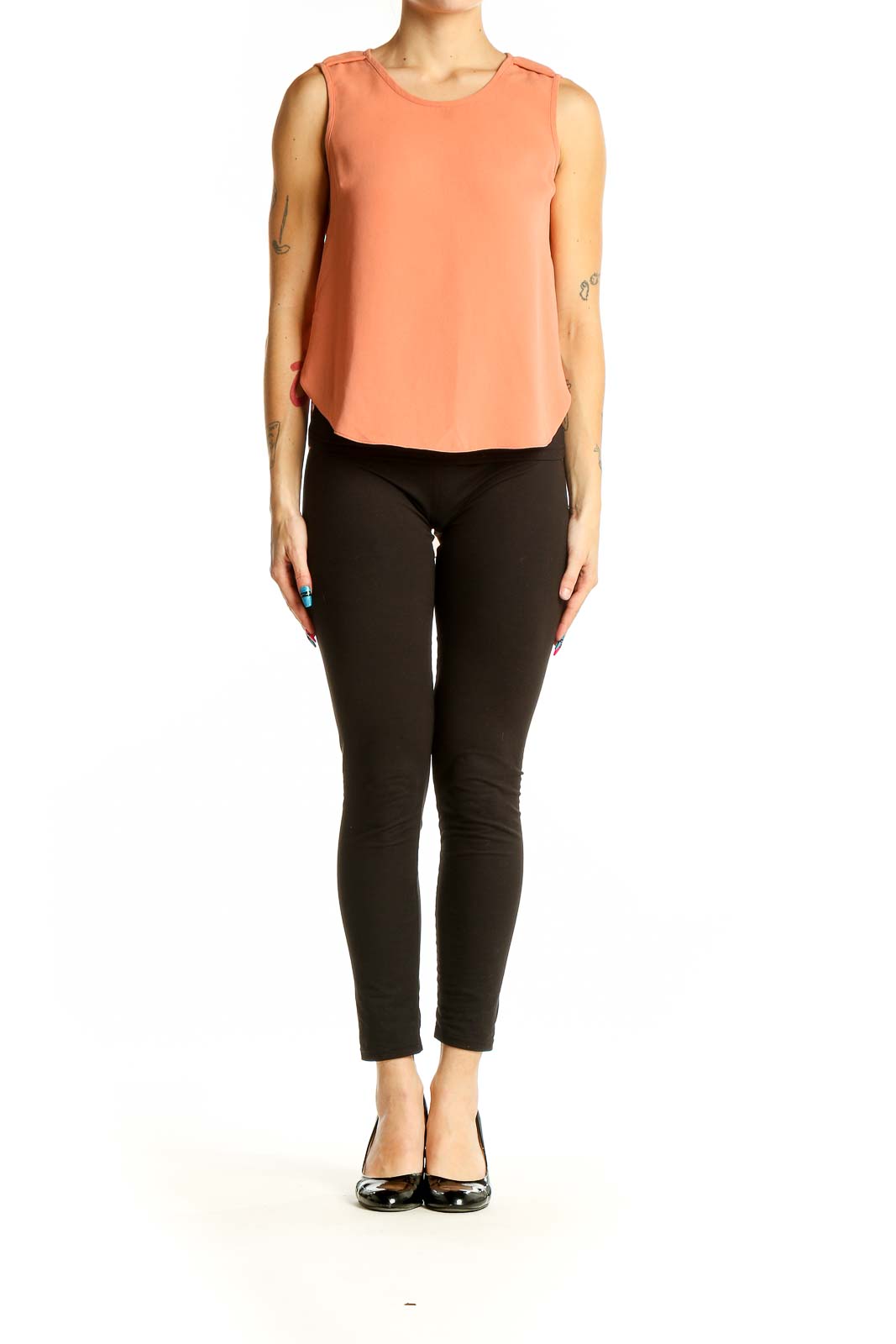 Front view of Rag & Bone peach sleeveless blouse on model