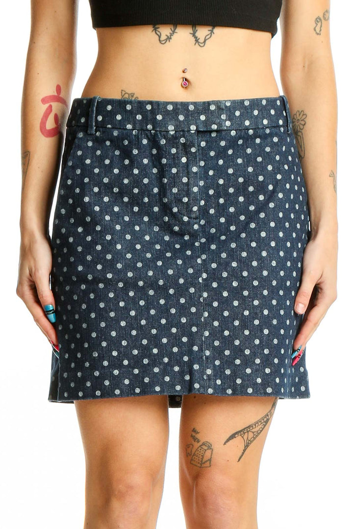 Front view of J.Crew navy polka dot mini skirt with A-line silhouette