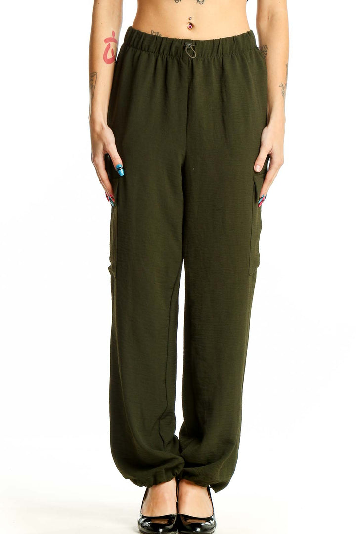 Front view of olive green Rachel Zoe cargo pants with relaxed fit