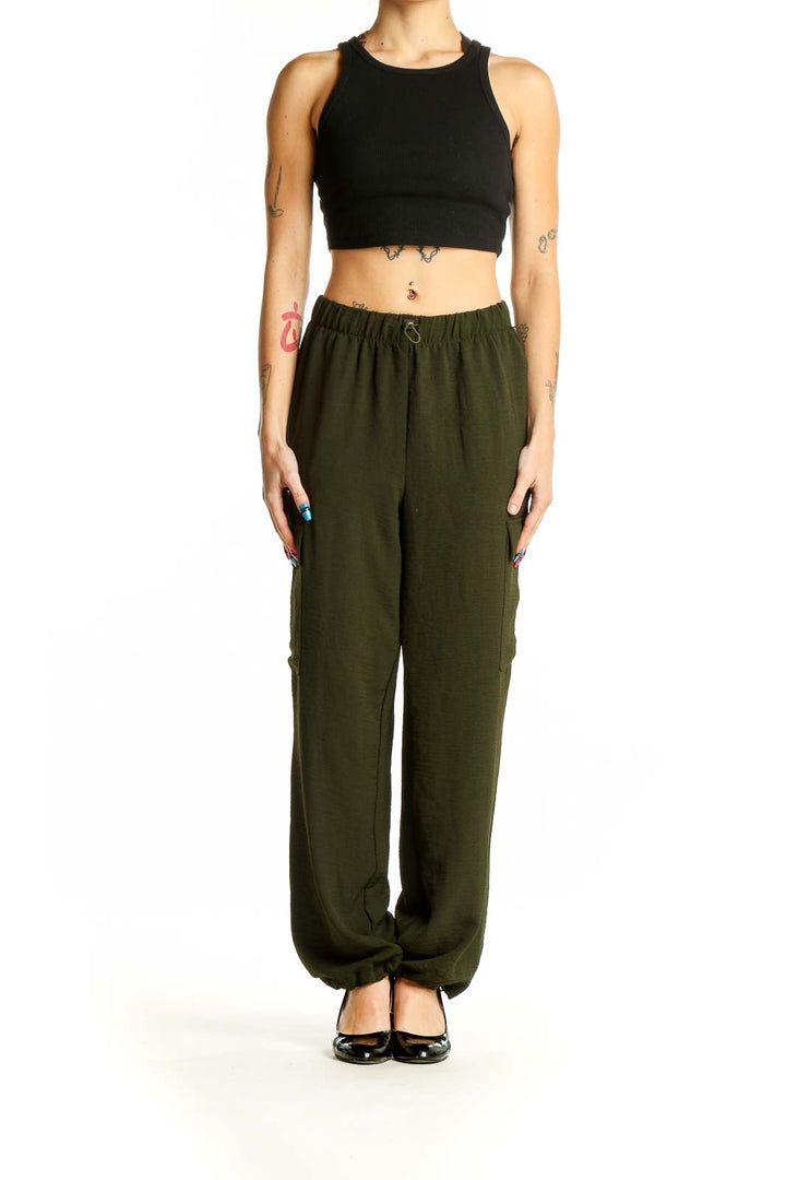 Front view of olive green Rachel Zoe cargo pants with relaxed fit