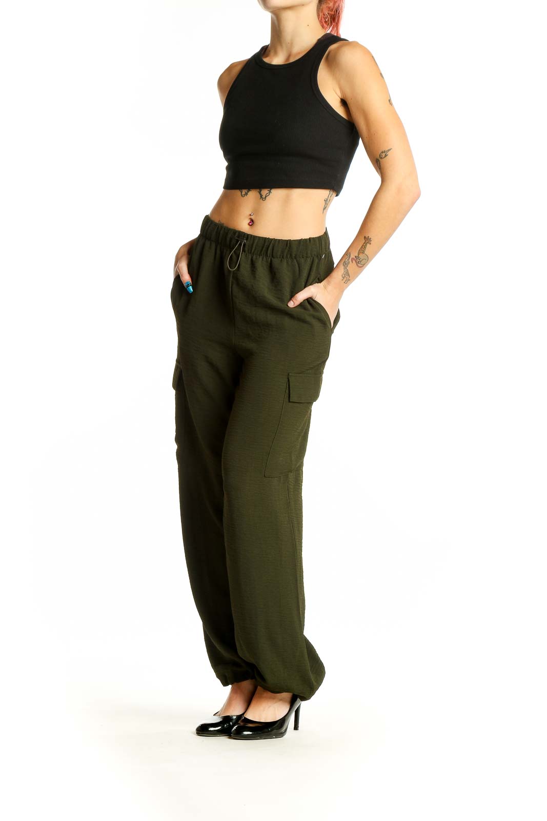 Front view of olive green Rachel Zoe cargo pants with relaxed fit