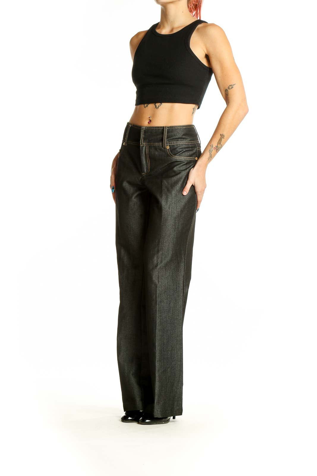 Front view of Cache dark gray wide-leg dress pants on model