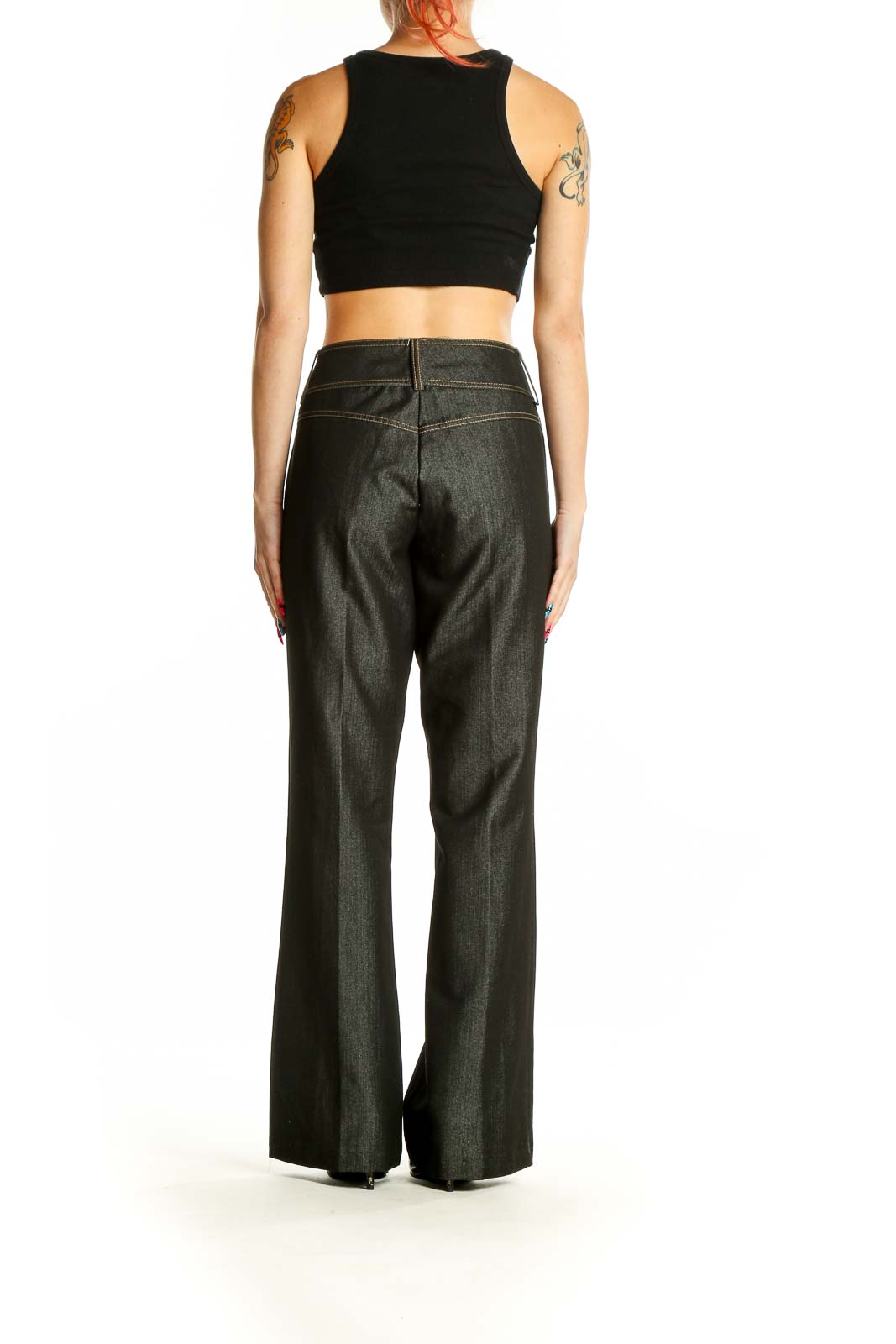 Back view of Cache dark gray wide-leg dress pants on model